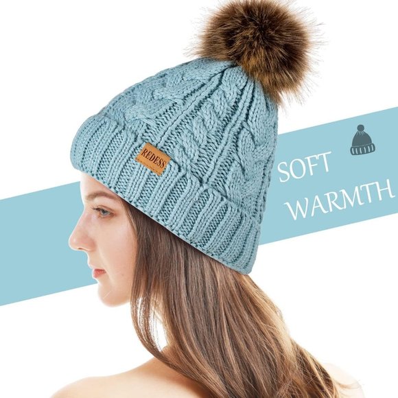Womens Winter Warm Fleece Lined Knitted Soft Ski Cuff Beanie Hat with Pom Pom main image 4